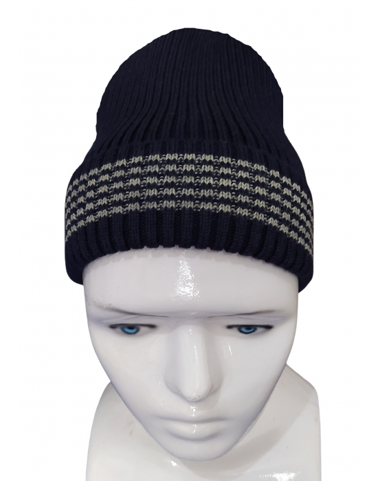 Pure Wool Cap Self Design With Border Stripes navy